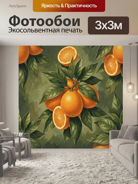 Фотообои Апельсины и зелёные листья на фоне