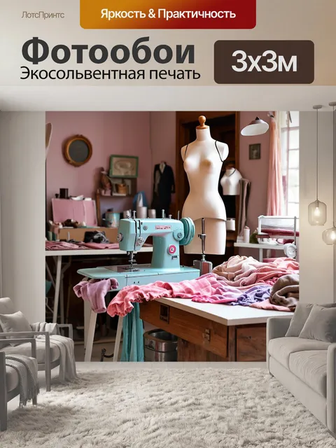 Фотообои лофт, старое ателье с швейными машинками, манекенами и разбросанными тканями, где воспоминания о прошлом…