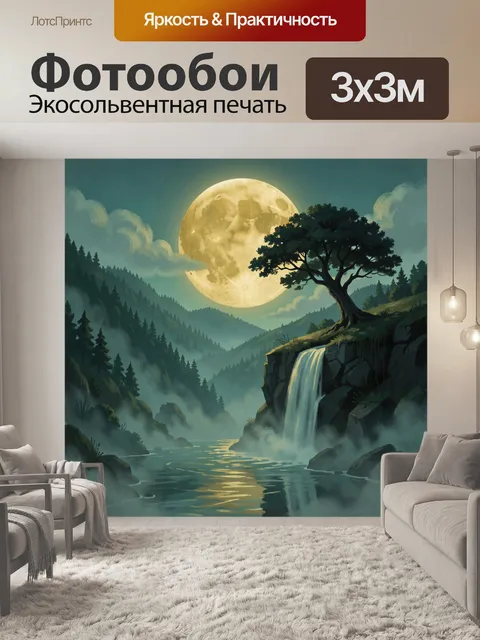 Фотообои Лесной водопад под полной луной