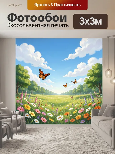 Фотообои Летний луг с бабочками