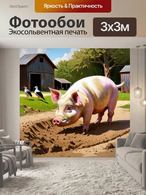 Фотообои свинья, исследующая грязевую ямку в фермерском дворе, с интересом ковыряет землю; вдалеке виднеются…