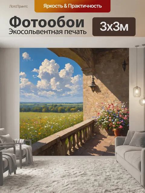 Фотообои винтаж запечатлевают вид с балкона старого замка, где распускаются цветы и время остановилось