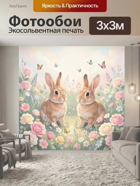 Фотообои Два зайца в цветущем саду