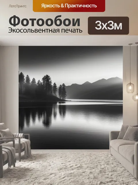 Фотообои пейзаж с озером закат чернобелый
