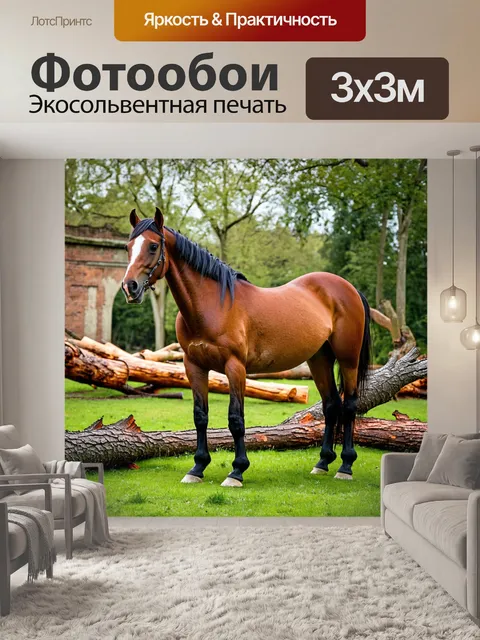 Фотообои лошадь на фоне старого парка, с обрушившимися деревьями