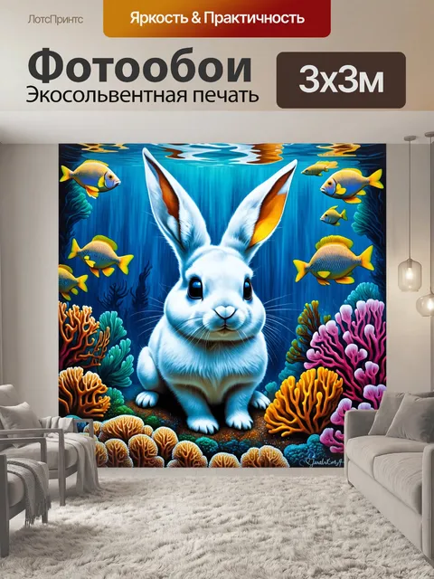 Фотообои в подводном царстве, среди кораллов и ярких рыб, живут волшебные кролики с сияющими глазами