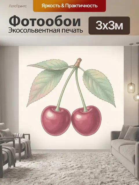 Фотообои Вишни на веточках с листьями