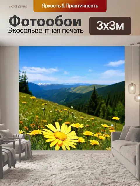 Фотообои Светлое утро на горном склоне, яркие цветы ромашек и желтых цветов на переднем плане