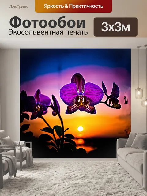 Фотообои орхидея, ярко распускающаяся на фоне чудесного цветного заката, создающего драматический контраст нежных…