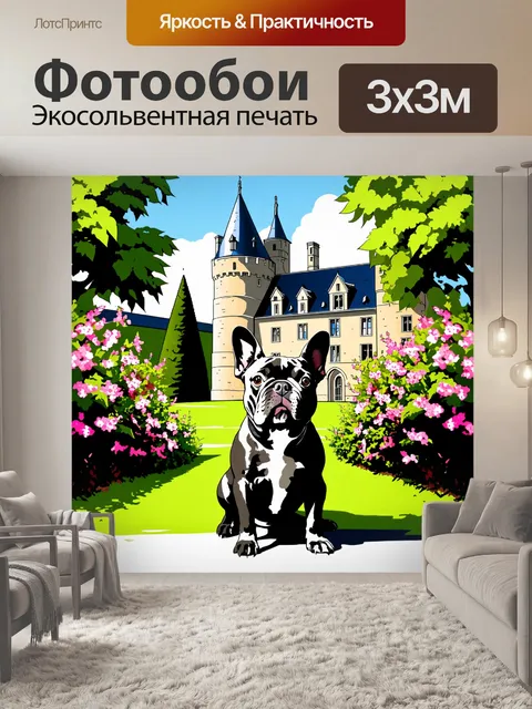 Фотообои французский бульдог на фоне старинного французского замка, окруженный зелеными деревьями и цветущими кустами