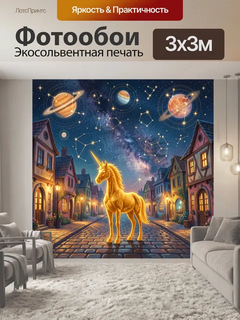 Фотообои Золотой единорог в звездном городе