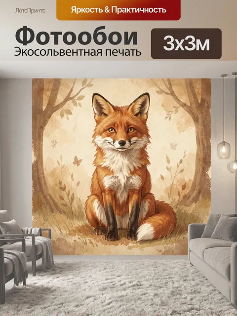Фотообои Лисёнок среди лесных деревьев