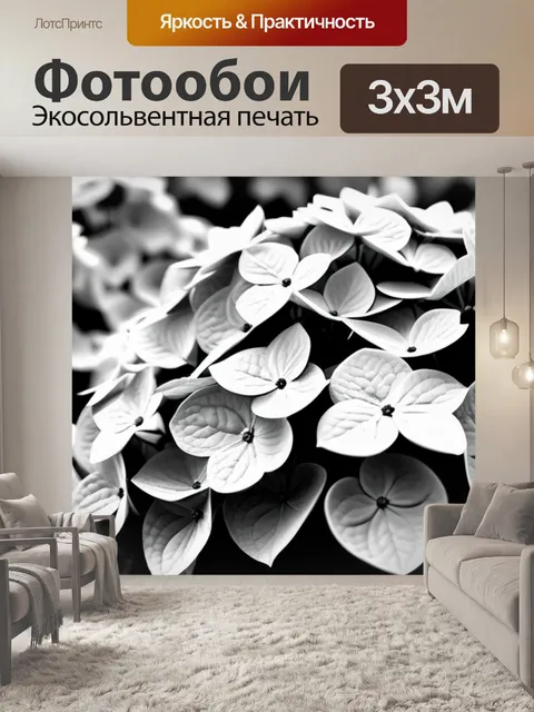 Фотообои пейзаж с гортензией чернобелый