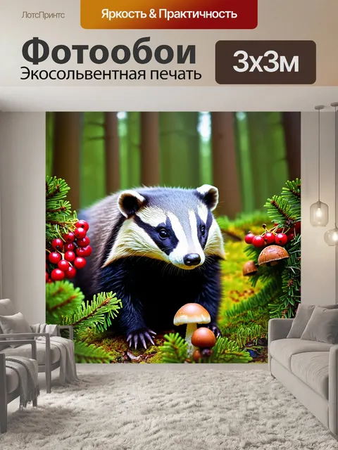 Фотообои в еловом лесу, окруженном яркими ягодами и грибами, барсук наслаждается своимчасом