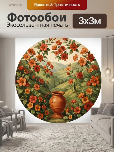 Фотообои Цветы и горный пейзаж с кувшином