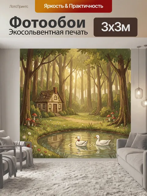 Фотообои Лесной домик у пруда с утками