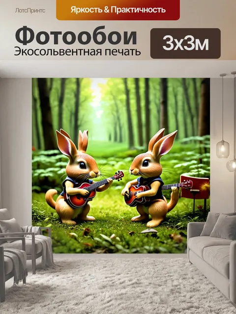 Фотообои зайцы, играющие на музыкальных инструментах в лесной симфонии