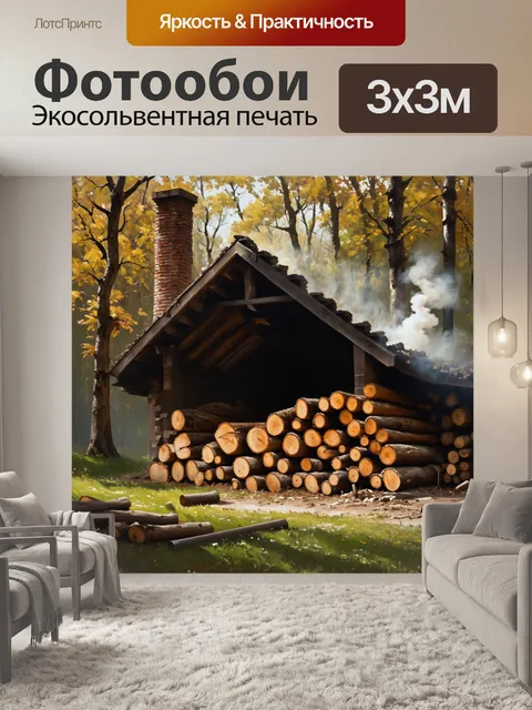 Фотообои стройка бани на фоне леса, с аккуратно уложенными дровами рядом