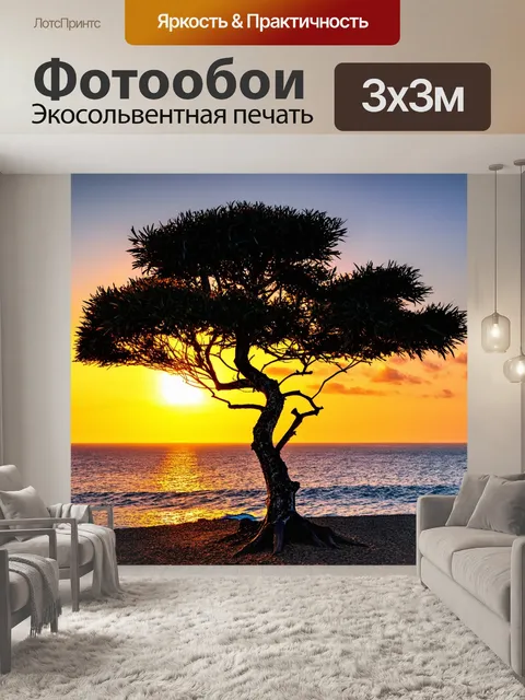 Фотообои дерево на берегу моря с закатом на фоне