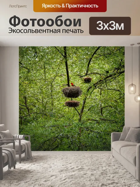 Фотообои природа в стиле фотореализм, весенний лес с буйной растительностью и птичьими гнездами среди ветвей деревьев