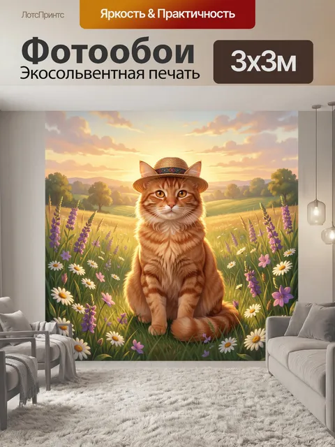 Фотообои Рыжий кот в соломенной шляпе