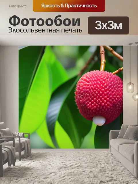 Фотообои экзотический фрукт личи с зелеными листьями на фоне