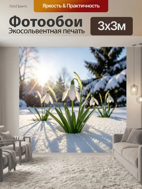 Фотообои Подснежники на снегу в лесу