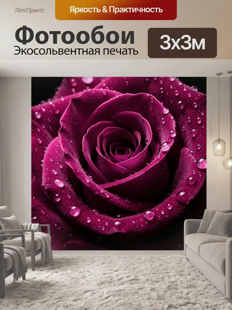 Фотообои Бордовая роза с каплями росы