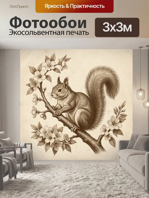 Фотообои Белка среди цветущих ветвей