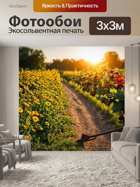 Фотообои утро: маленькая сельская дорога, увитая дикими цветами, ведет к ухоженному огороду