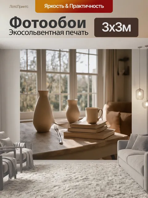 Фотообои уютный уголок загородного дома, где на столе стоят детали бежевых оттенков: вазы, книги и кружки