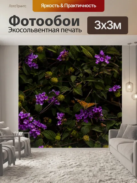 Фотообои Бабочка на фиолетовых цветках