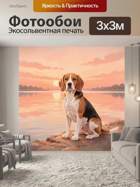 Фотообои Бигль у водоёма на закате