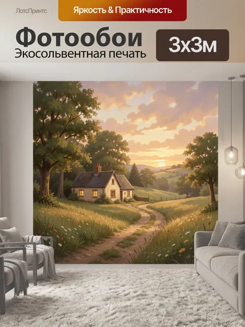 Фотообои Домик в летнем поле на закате