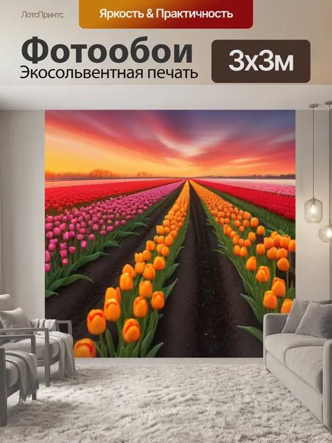 Фотообои закат за полем тюльпанов