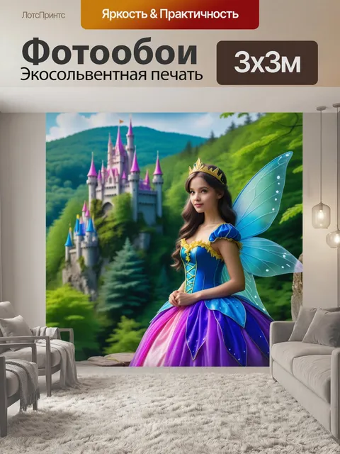 Фотообои принцесса в сказочном костюме, замок на фоне леса