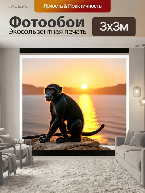 Фотообои на скалистом утесе, обрамленном морем и закатом, сидит черная обезьяна, изгибающаяся как будто в танце