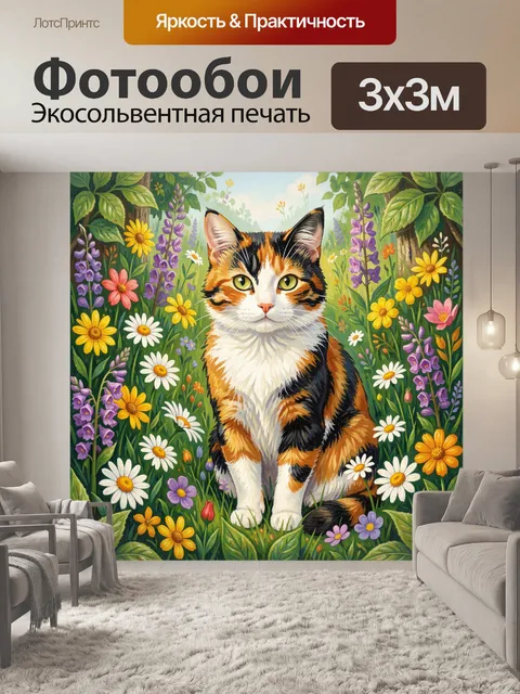 Фотообои Трёхцветный кот в цветочном саду