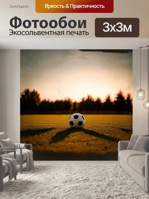 Фотообои футбольный мяч, оставленный на пустом поле, где длинные тени от деревьев стремятся к нему