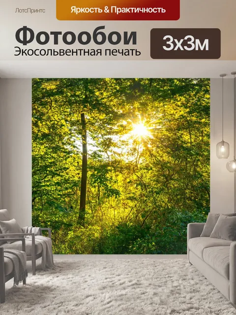 Фотообои солнце, просвечивающее сквозь листву в лиственном лесу, где акварель помогает выразить нежность и свежесть…
