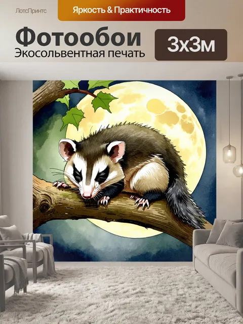 Фотообои изображение опоссума, мирно дремлющего на ветке дерева, освещенном мягким лунным светом