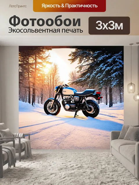 Фотообои стальной мотоцикл стоит на фоне заснеженной дороги, его детали покрыты инеем