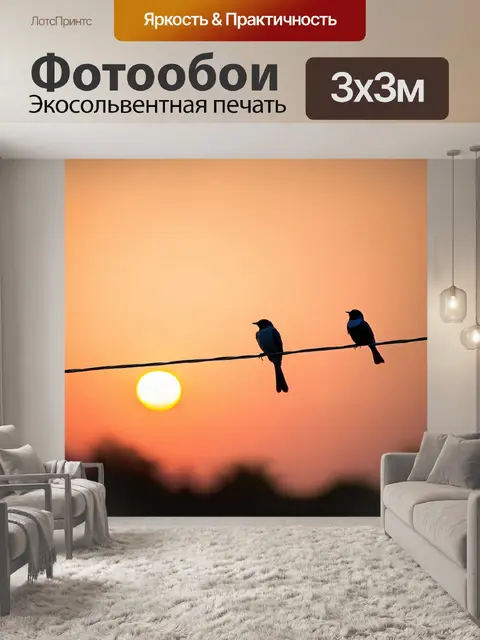 Фотообои птицы, сидящие на проводах с летним вечерним закатом, выполненные в технике ню-масла