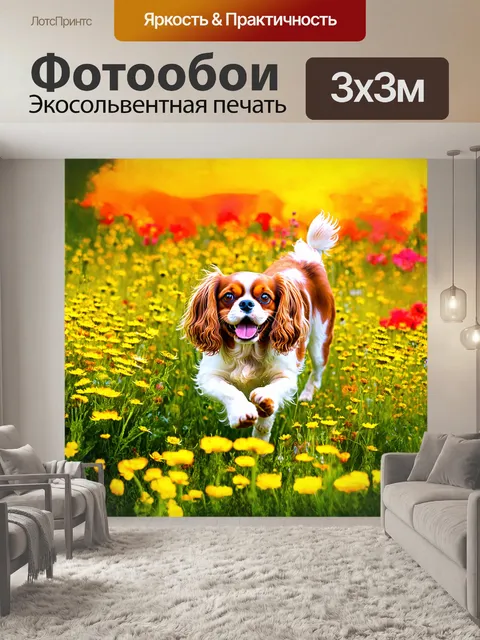 Фотообои собака, кавалер кинг чарльз спаниель, весело скачет по цветущему лугу, окруженная множеством диких цветов с…