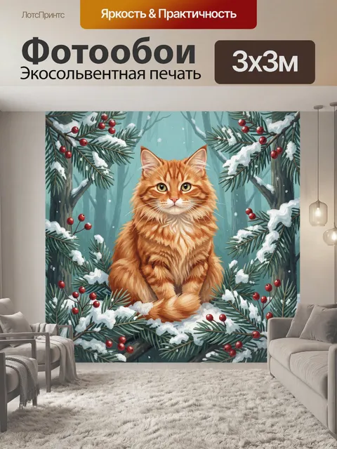 Фотообои Рыжий кот среди снежных елей