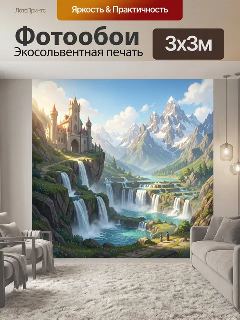 Фотообои Сказочный замок у водопадов