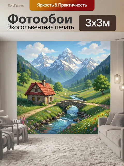 Фотообои Альпийская долина с ручьем и мостом