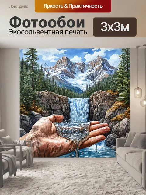 Фотообои водопад на ладони, снежные горы, яркие цвета
