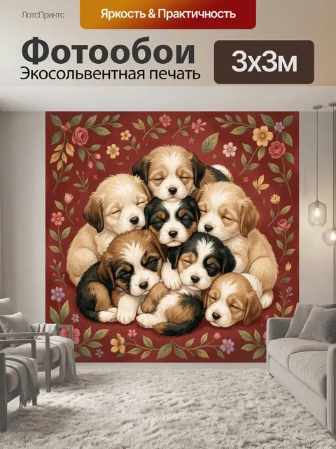 Фотообои Спящие щенки среди цветов