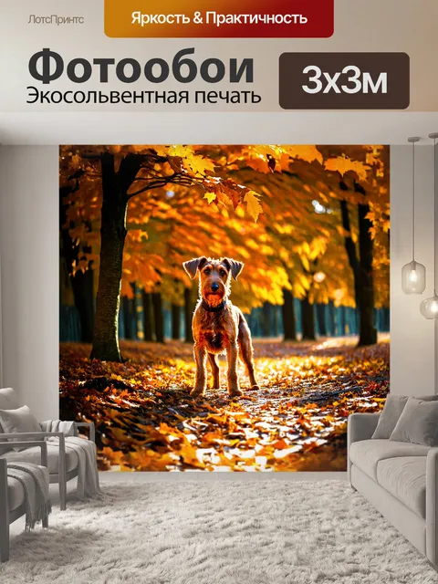 Фотообои ирландский терьер, облаченный в яркий осенний пейзаж, где желтые и оранжевые листья плавно падают под его лапы